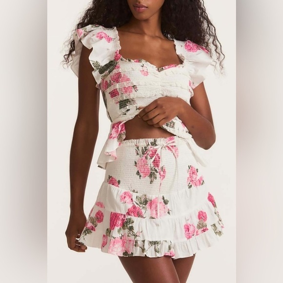 LoveShackFancy Aldana Smocked Floral White and Paradise Pink Mini Skirt 🌸 Small - Picture 6 of 16